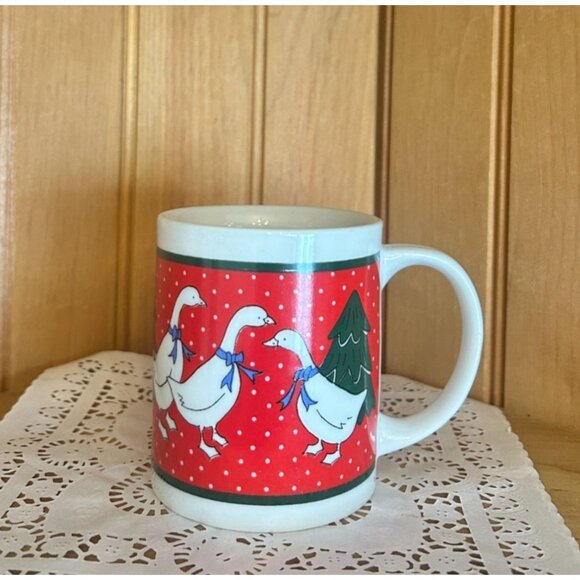 Vintage Christmas Blue Ribbon Goose Ceramic Coffee Mug Kitsch - Picture 1 of 7